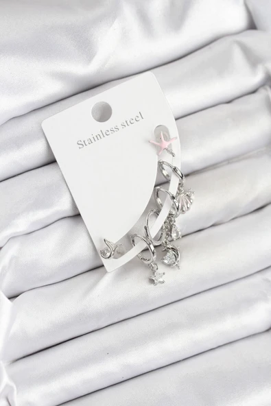 Pirinç Gümüş Renk Set Küpe - TJ-BKP11216