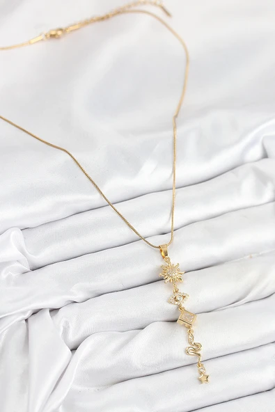 316L Çelik Zirkon Taşlı Güneş Ve Ay Enerji Model Gold Renk Kadın Kolye - TJ-BKO10550 - 2