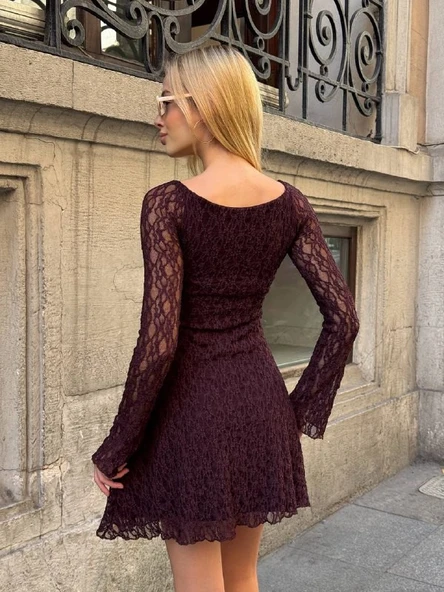 Kadın Siyah Dantelli Uzun Kollu Kalp Yaka Mini Abiye Elbise Güpür Kumaş Vücudu Saran - 11