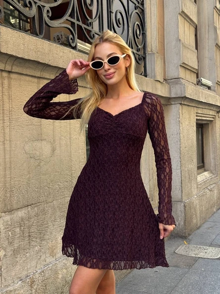 Kadın Siyah Dantelli Uzun Kollu Kalp Yaka Mini Abiye Elbise Güpür Kumaş Vücudu Saran - 7