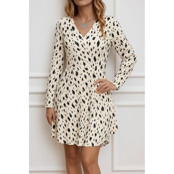 Lucky Life Lucky Life Kadın Uzun Kollu V Yakalı Desenli Kısa Keten Elbise - 3