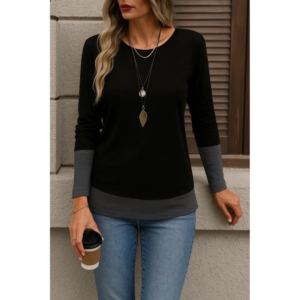 Lucky Life Kadın Uzun Kollu Açık Yuvarlak Yaka Blok Renkli Viskon Bluz - 2