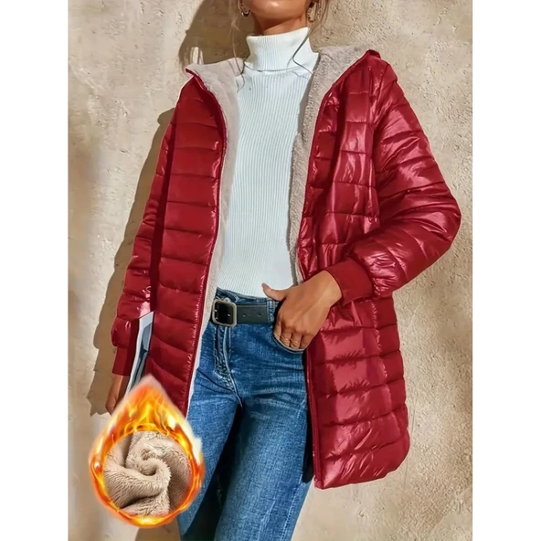 Lucky Life Kadın Uzun Kollu Kapşonlu Cep Detaylı Fermuarlı Orta Boy Mont - 6