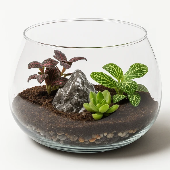 Büyük Boy Cam Fanus Teraryum Balık Ve Çiçek Dekoru 24x18 - Resim 5