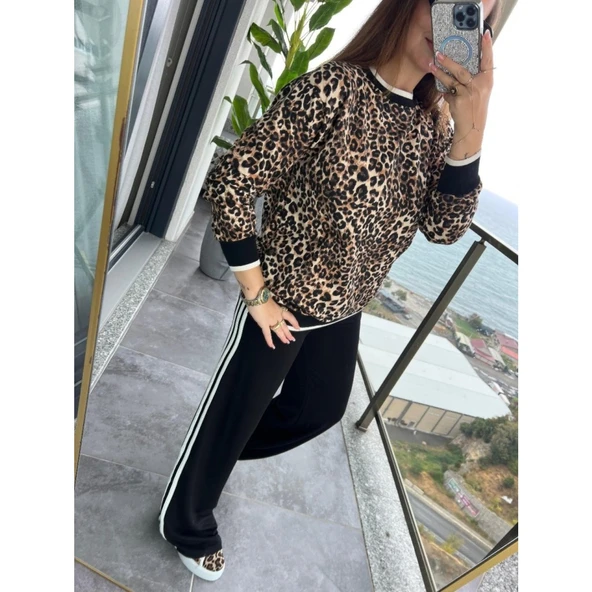 Lucky Life Kadın Uzun Kollu Bisiklet Yaka Leopar Desenli Iki Iplik Bluz Ve Viskon Iki Iplik Pantolon Ikili Takım - Resim 12