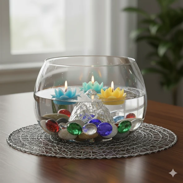 Büyük Boy Cam Fanus Teraryum Balık Ve Çiçek Dekoru 24x18 - Resim 3