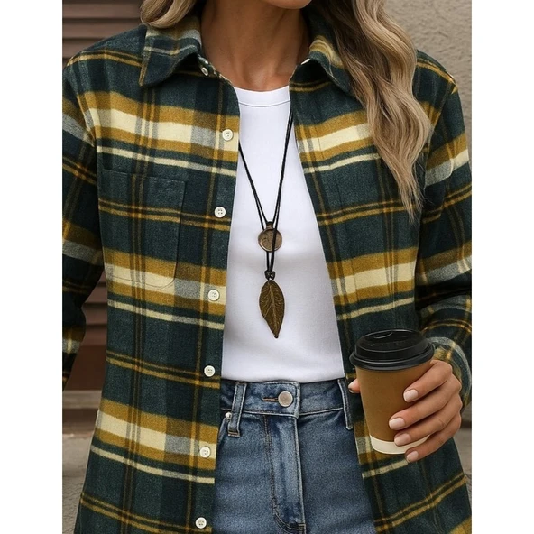 Lucky Life Kadın Uzun Kollu Kare Desenli önden Düğmeli Dokuma Gömlek