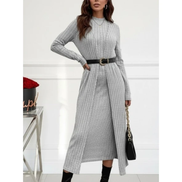 Lucky Life Kadın Uzun Kollu Yarı Balıkçı Yaka şardonlu Kaşkorse Elbise Ve Uzun Hırka Ikili Takım - Resim 5