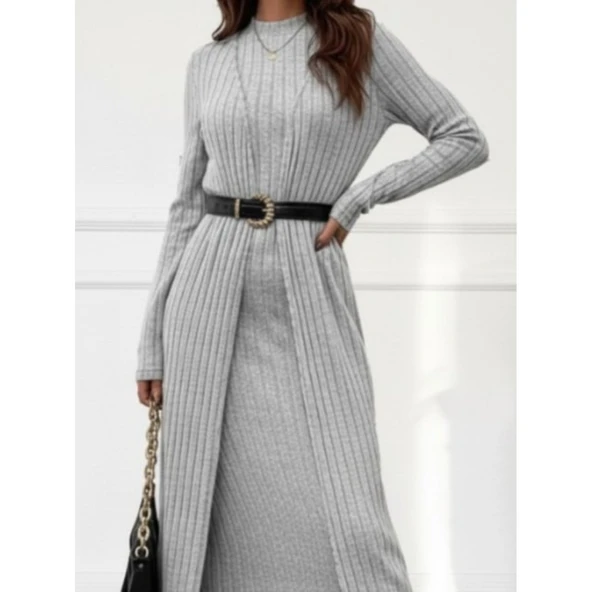 Lucky Life Kadın Uzun Kollu Yarı Balıkçı Yaka şardonlu Kaşkorse Elbise Ve Uzun Hırka Ikili Takım - Resim 4