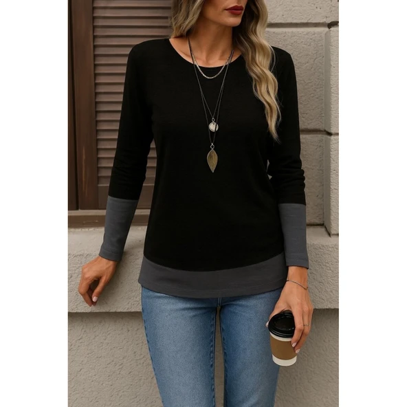 Lucky Life Kadın Uzun Kollu Açık Yuvarlak Yaka Blok Renkli Viskon Bluz - 3