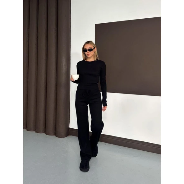 Lucky Life Kadın Bisiklet Yaka Parmak Geçme Detay Uzun Kollu Bluz Ve Pantolon Ikili Takım - 3