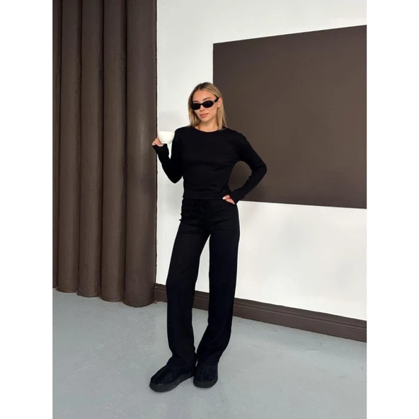 Lucky Life Kadın Bisiklet Yaka Parmak Geçme Detay Uzun Kollu Bluz Ve Pantolon Ikili Takım - 2