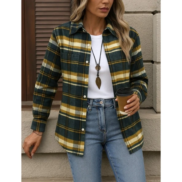 Lucky Life Kadın Uzun Kollu Kare Desenli önden Düğmeli Dokuma Gömlek - 3