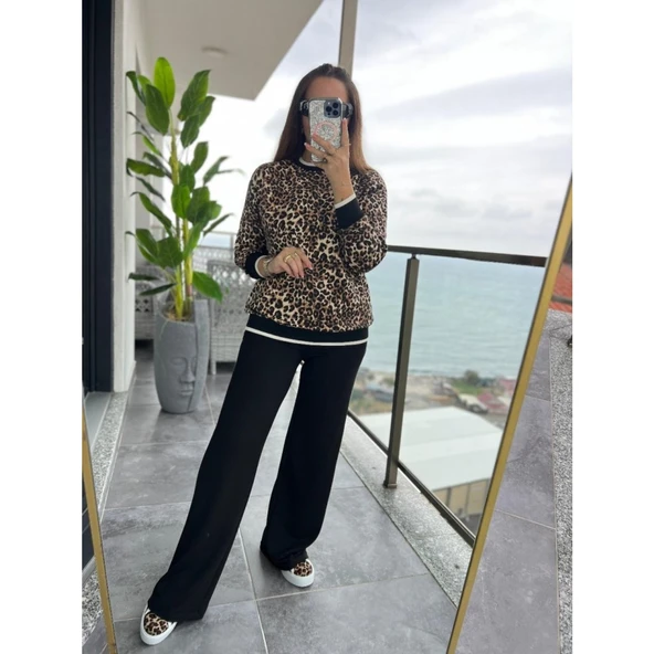 Lucky Life Kadın Uzun Kollu Bisiklet Yaka Leopar Desenli Iki Iplik Bluz Ve Viskon Iki Iplik Pantolon Ikili Takım - Resim 4