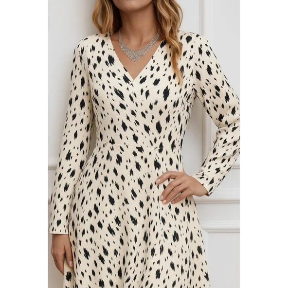 Lucky Life Lucky Life Kadın Uzun Kollu V Yakalı Desenli Kısa Keten Elbise