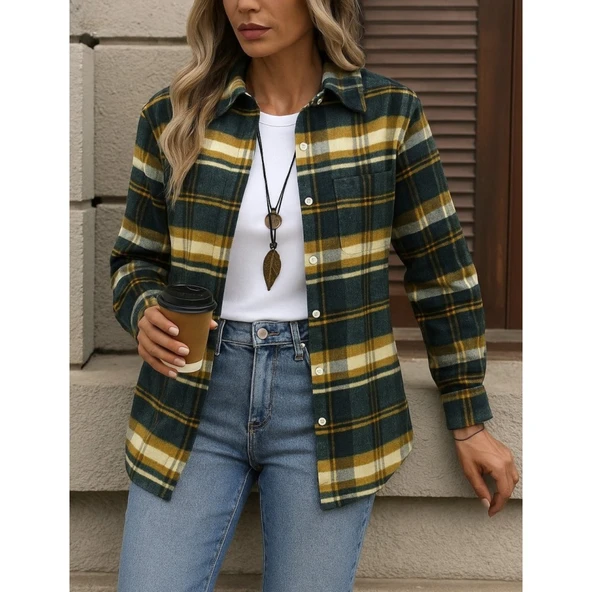 Lucky Life Kadın Uzun Kollu Kare Desenli önden Düğmeli Dokuma Gömlek - 2