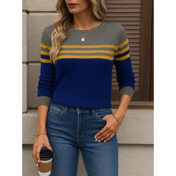 Lucky Life Kadın  Uzun Kollu Bisiklet Yaka çok Renkli Triko Bluz - Resim 2