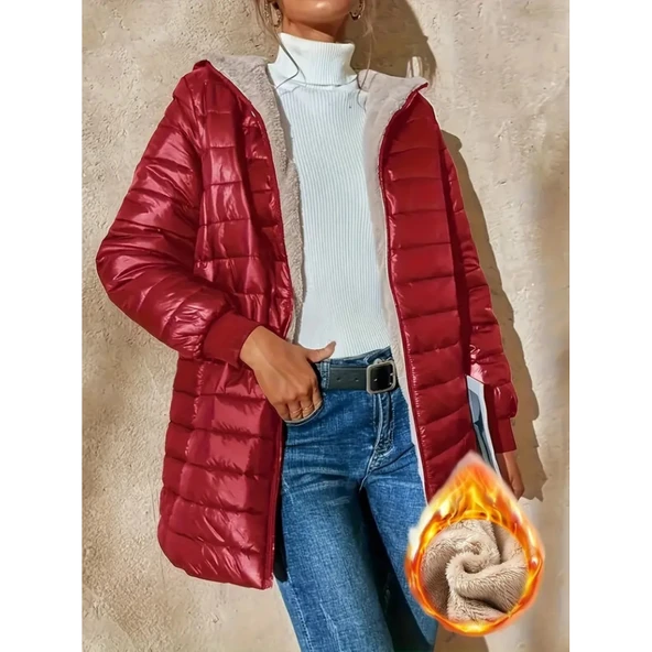 Lucky Life Kadın Uzun Kollu Kapşonlu Cep Detaylı Fermuarlı Orta Boy Mont - 2