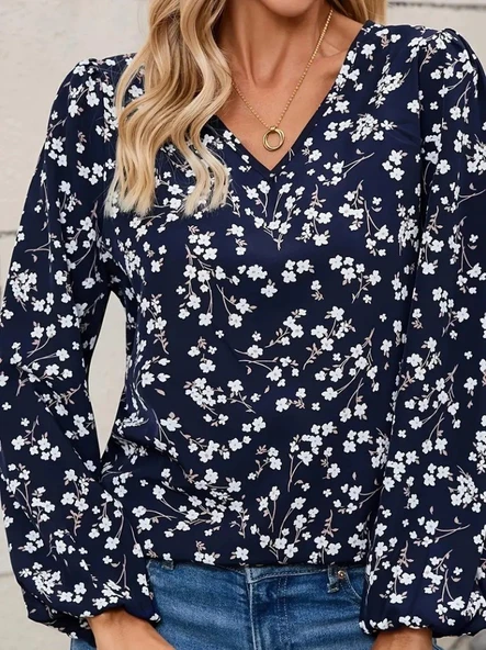 Lucky Life Lucky Life Kadın Uzun Kollu V Yakalı çiçek Desenli Modal Bluz - Resim 5