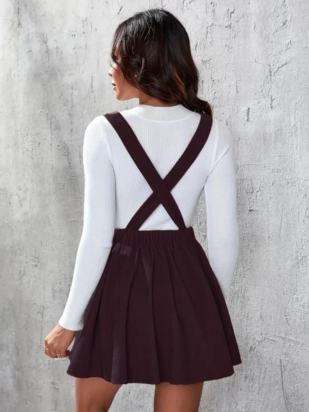 Lucky Life Kadın  Askılı Sırttan çapraz Detaylı Kısa Kiloş Kadife Mini Elbise - Resim 6