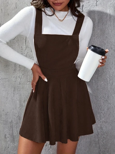 Lucky Life Kadın  Askılı Sırttan çapraz Detaylı Kısa Kiloş Kadife Mini Elbise - Resim 5