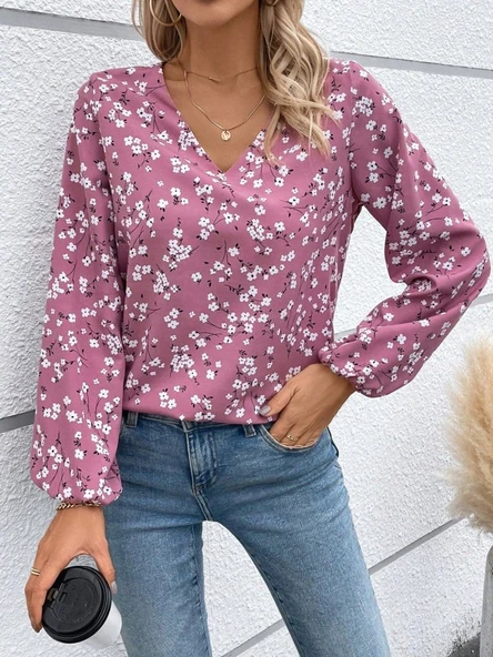 Lucky Life Lucky Life Kadın Uzun Kollu V Yakalı çiçek Desenli Modal Bluz ürün görseli 1