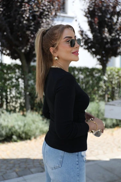 Lucky Life Kadın Uzun Kollu Kruvaze Yakalı Toka Detaylı Viskon Bluz - Resim 3