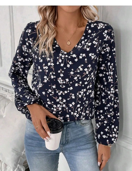 Lucky Life Lucky Life Kadın Uzun Kollu V Yakalı çiçek Desenli Modal Bluz - Resim 2