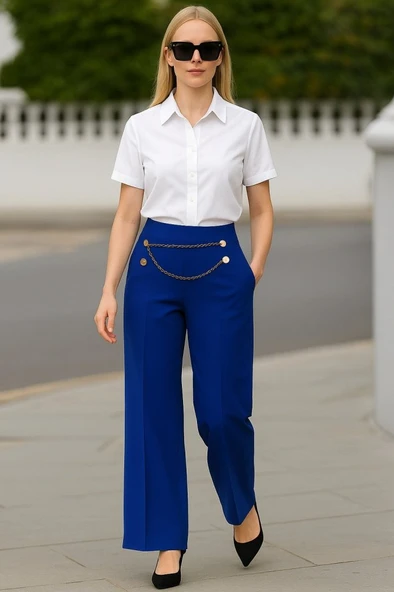 Lucky Life Kadın Beli Zincir Detay Ithal Krep Pantolon ürün görseli 1