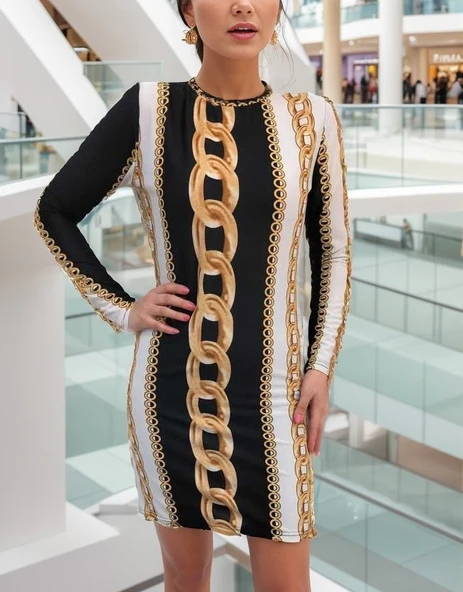 Lucky Life Kadın Uzun Kollu Bisiklet Yaka Scuba Midi Boy Elbise - Resim 6