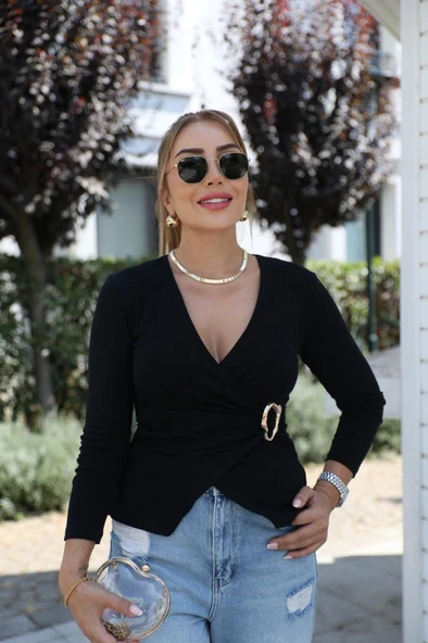 Lucky Life Kadın Uzun Kollu Kruvaze Yakalı Toka Detaylı Viskon Bluz - Resim 2