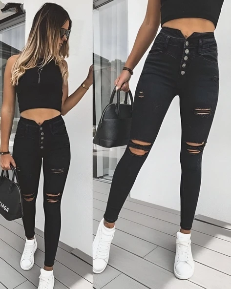 Lucky Life Kadın 5 Düğmeli V Detay Bel Yırtık Kot - Resim 3