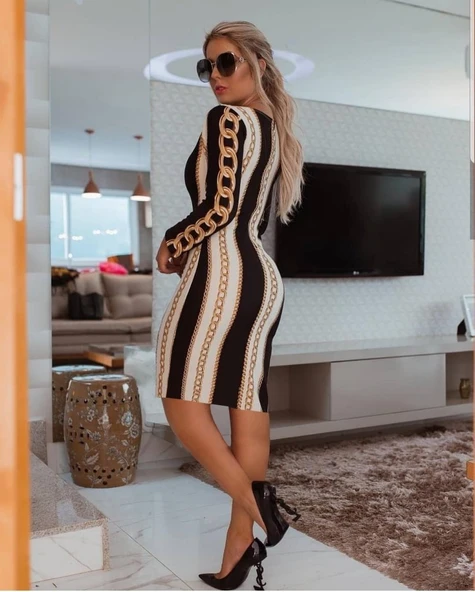 Lucky Life Kadın Uzun Kollu Bisiklet Yaka Scuba Midi Boy Elbise ürün görseli 1