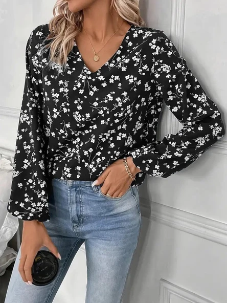Lucky Life Kadın  Uzun Kollu V Yakalı çiçek Desenli Modal Bluz ürün görseli 1