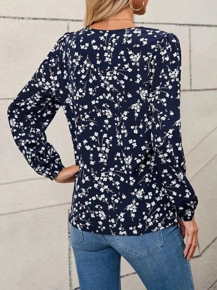 Lucky Life Lucky Life Kadın Uzun Kollu V Yakalı çiçek Desenli Modal Bluz - Resim 4