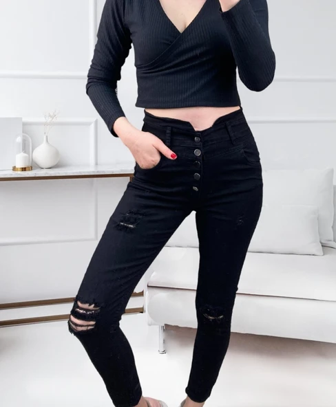 Lucky Life Kadın 5 Düğmeli V Detay Bel Yırtık Kot ürün görseli 1