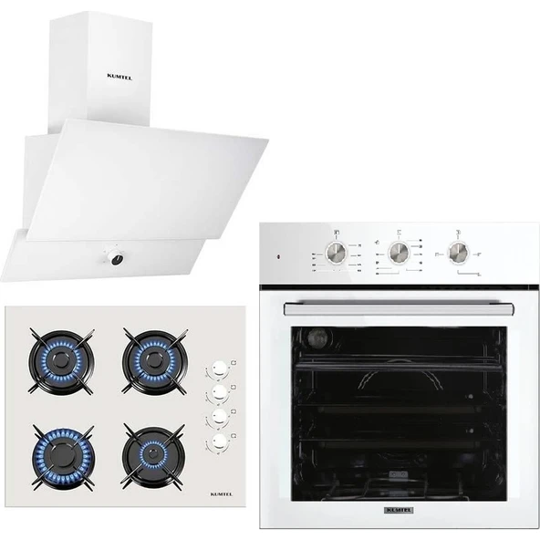 Kumtel Beyaz Cam Ankastre Set (DA6-830 Beyaz Davlumbaz + KO-40TAHDF Ankastre Beyaz Ocak + B66 - S2 (Mt) 3 Pro 3 Düğme(Plus) Cam Tel Raf Beyaz) ürün görseli