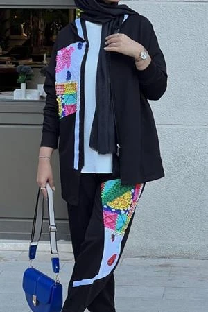 Kadın Taş İşlemeli Kapüşonlu Özel Tasarım Tesettür İkili Takım - Resim 4