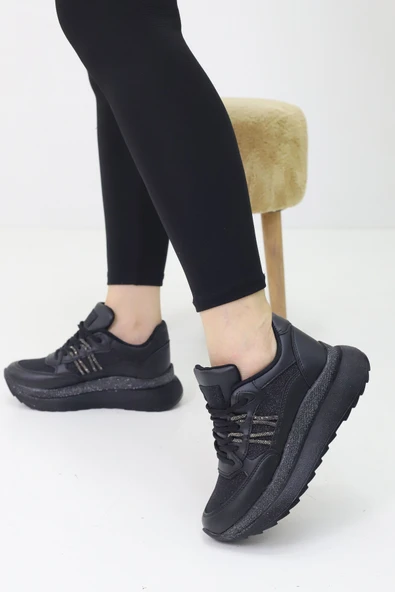 Emax Fiore Siyah Simli Taşlı Kadın Spor Yürüyüş Ayakkabısı - Resim 2