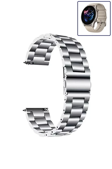 KRETON KRETON Amazfit GTR3-GTR3 PRO Uyumlu GÜMÜŞ Kordon Klasik Baklava Model Paslanmaz Çelik Metal Kayış - Resim 2