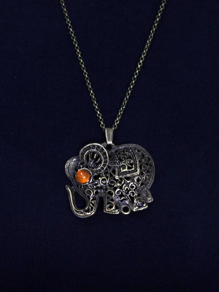 Doğal Taş Akik Doğal Taşlı Fil Modelli Antik Kadın Kolye euk43a - Resim 3