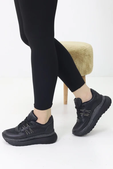 Emax Fiore Siyah Simli Taşlı Kadın Spor Yürüyüş Ayakkabısı - Resim 3