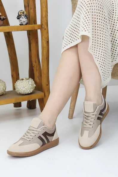 Emax Kadın Bej Kahverengi Spor Ayakkabı - Rahat Tabanlı Günlük Sneaker - Resim 4