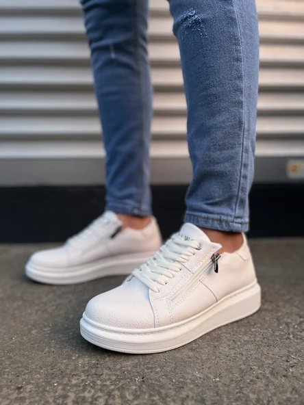 JY155 Warrior Bağcıklı ve Fermuarlı Cilt Erkek Günlük Sneaker Ayakkabı CBT - Beyaz - Resim 2