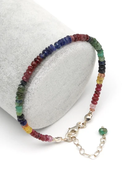 Yakut - Safir - Zümrüt Doğal Taş 925 Ayar Gümüş Bileklik Rondel Kesim - BLK-2026