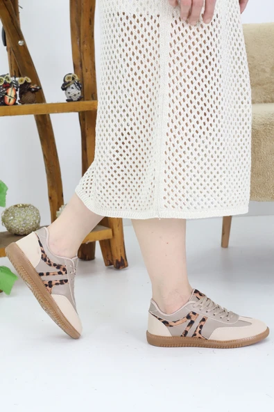 Emax Leopar Detaylı Bej Kadın Spor Ayakkabı – Günlük Rahat Kalıp Sneaker - Resim 4