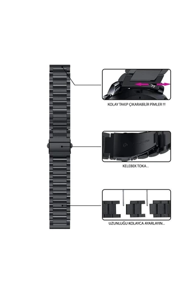 KRETON KRETON Samsung Galaxy Watch 5 40mm/44mm Uyumlu SİYAH Kordon Baklava Model Paslanmaz Çelik Metal Kayış - Resim 7