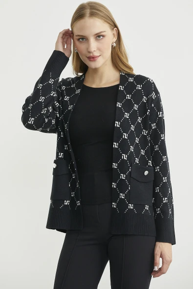 Logolu Cep Detaylı Oversize Triko Hırka - Siyah - Resim 2