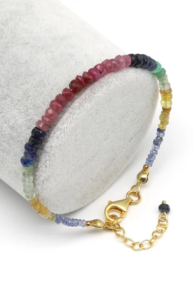 Yakut - Safir - Zümrüt Doğal Taş 925 Ayar Gümüş Bileklik Rondel Kesim - BLK-2024