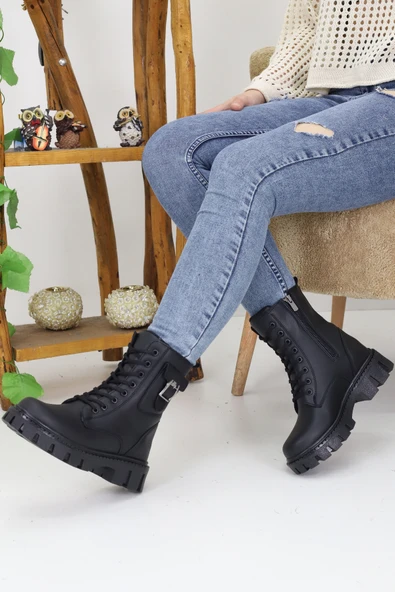 Emax Kadın Bağcıklı Fermuarlı Cepli Tokalı Kalın Taban Postal Bot Kışlık Su Geçirmez - Resim 2